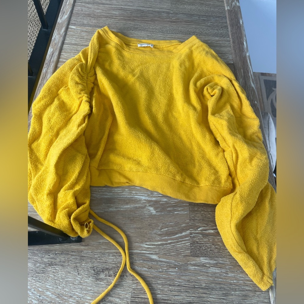 Yellow Terry cloth ruched sleeve sweater